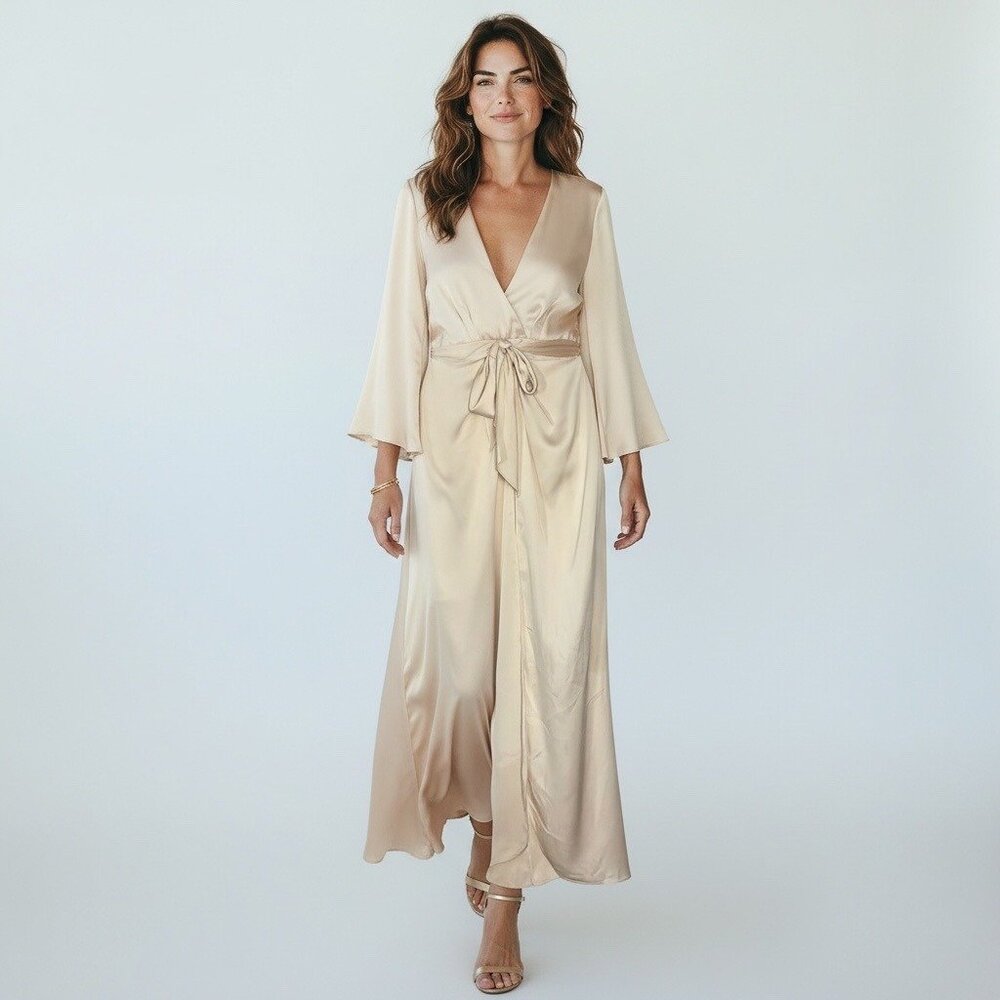 Gianni Bini Kaylee High Low Plunge Tied Waist Maxi Dress Prairie Beige 8 NWT